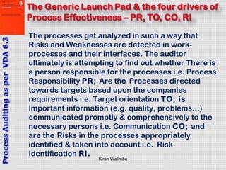 Kiran Walimbe
The processes get analyzed in such a way that
Risks and Weaknesses are detected in work-
processes and their interfaces. The auditor
ultimately is attempting to find out whether There is
a person responsible for the processes i.e. Process
Responsibility PR; Are the Processes directed
towards targets based upon the companies
requirements i.e. Target orientation TO; is
Important information (e.g. quality, problems…)
communicated promptly & comprehensively to the
necessary persons i.e. Communication CO; and
are the Risks in the processes appropriately
identified & taken into account i.e. Risk
Identification RI.
 