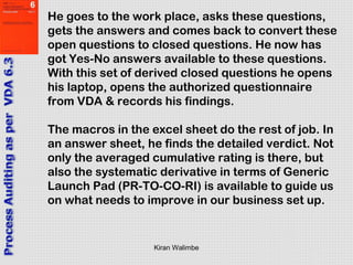 Kiran Walimbe
He goes to the work place, asks these questions,
gets the answers and comes back to convert these
open questions to closed questions. He now has
got Yes-No answers available to these questions.
With this set of derived closed questions he opens
his laptop, opens the authorized questionnaire
from VDA & records his findings.
The macros in the excel sheet do the rest of job. In
an answer sheet, he finds the detailed verdict. Not
only the averaged cumulative rating is there, but
also the systematic derivative in terms of Generic
Launch Pad (PR-TO-CO-RI) is available to guide us
on what needs to improve in our business set up.
 