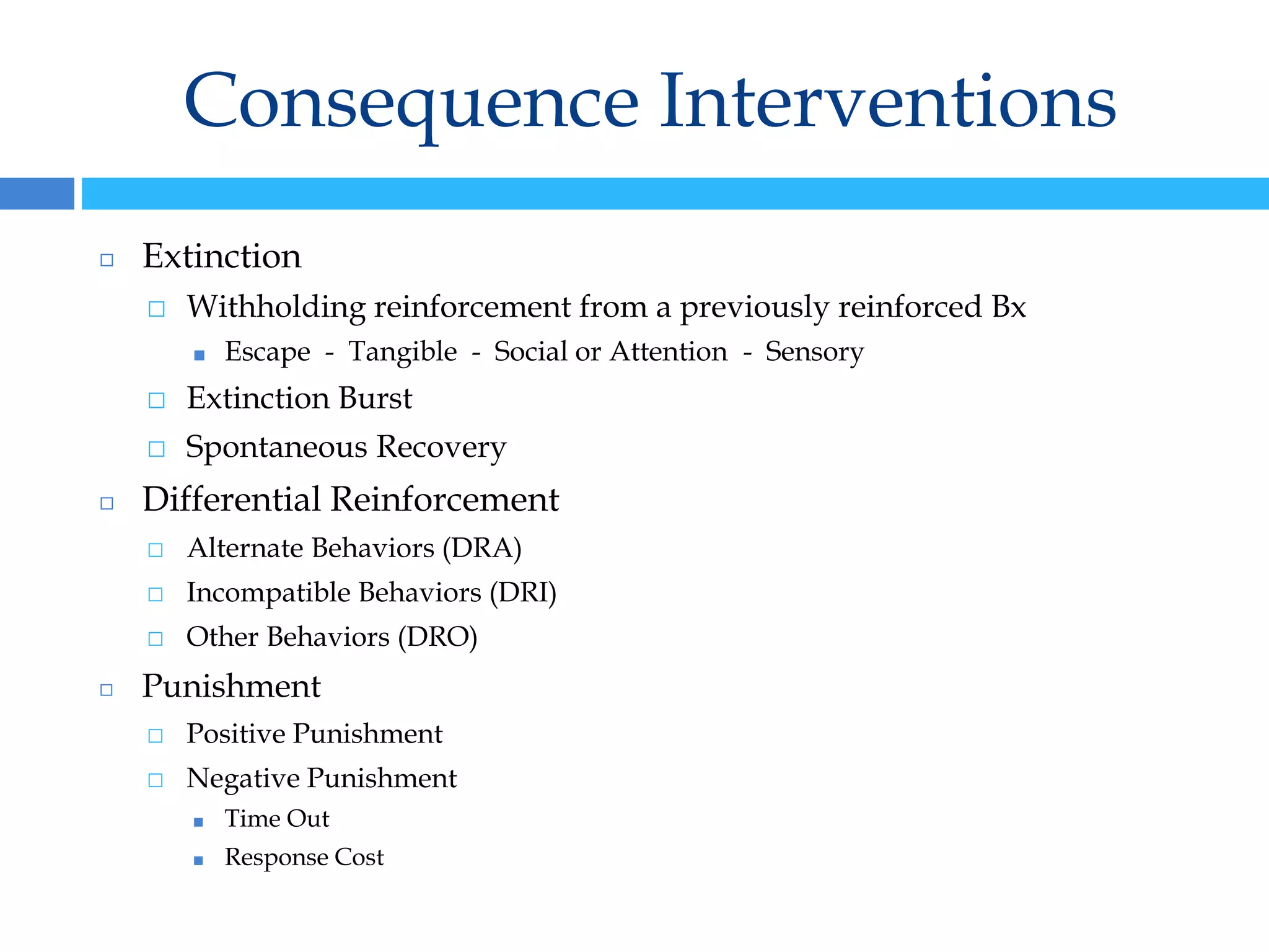 Consequence Interventions
◻ Extinction
⬜ Withholding reinforcement from a previously reinforced Bx
■ Escape - Tangible - Social or Attention - Sensory
⬜ Extinction Burst
⬜ Spontaneous Recovery
◻ Differential Reinforcement
⬜ Alternate Behaviors (DRA)
⬜ Incompatible Behaviors (DRI)
⬜ Other Behaviors (DRO)
◻ Punishment
⬜ Positive Punishment
⬜ Negative Punishment
■ Time Out
■ Response Cost
 