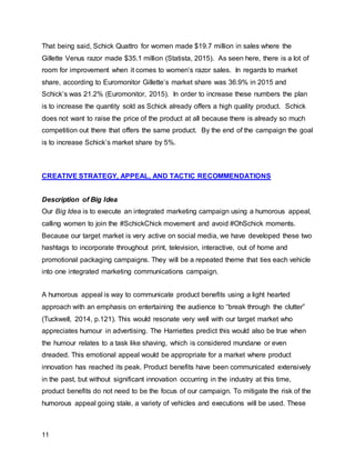 11
That being said, Schick Quattro for women made $19.7 million in sales where the
Gillette Venus razor made $35.1 million (Statista, 2015). As seen here, there is a lot of
room for improvement when it comes to women’s razor sales. In regards to market
share, according to Euromonitor Gillette’s market share was 36.9% in 2015 and
Schick’s was 21.2% (Euromonitor, 2015). In order to increase these numbers the plan
is to increase the quantity sold as Schick already offers a high quality product. Schick
does not want to raise the price of the product at all because there is already so much
competition out there that offers the same product. By the end of the campaign the goal
is to increase Schick’s market share by 5%.
CREATIVE STRATEGY, APPEAL, AND TACTIC RECOMMENDATIONS
Description of Big Idea
Our Big Idea is to execute an integrated marketing campaign using a humorous appeal,
calling women to join the #SchickChick movement and avoid #OhSchick moments.
Because our target market is very active on social media, we have developed these two
hashtags to incorporate throughout print, television, interactive, out of home and
promotional packaging campaigns. They will be a repeated theme that ties each vehicle
into one integrated marketing communications campaign.
A humorous appeal is way to communicate product benefits using a light hearted
approach with an emphasis on entertaining the audience to “break through the clutter”
(Tuckwell, 2014, p.121). This would resonate very well with our target market who
appreciates humour in advertising. The Harriettes predict this would also be true when
the humour relates to a task like shaving, which is considered mundane or even
dreaded. This emotional appeal would be appropriate for a market where product
innovation has reached its peak. Product benefits have been communicated extensively
in the past, but without significant innovation occurring in the industry at this time,
product benefits do not need to be the focus of our campaign. To mitigate the risk of the
humorous appeal going stale, a variety of vehicles and executions will be used. These
 