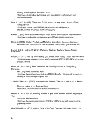 24
Waxing. Elle Magazine. Retrieved from
http://www.elle.com/beauty/makeup-skin-care/tips/g8155/history-of-hair-
removal/?slide=11
Berr, J. (2012, April 12). Gillette and Schick should be very afraid. InvestorPlace.
Retrieved from
http://investorplace.com/2012/04/gillette-schick-should-be-very-
afraid/#.Vw1UXPkrLIU%20-%20berr,%202012
Bynum, J. (n.d) What is the Razor/Razor blade model. Investopedia. Retrieved from
http://www.investopedia.com/ask/answers/08/razor-blade-model.asp
Davis, L. (2010). Gillette: Product and Marketing Innovation. Cengage Learning.
Retrieved from https://mkstrat.files.wordpress.com/2013/01/gillette-case.pdf
Ferrell, O.C. & Hartline, M (2012). Marketing Strategy, Text and Cases. Nelson
Education.
Golden, F. (2013, June 2). When to buy your cruise. USA Today Travel. Retrieved from
http://experience.usatoday.com/cruise/story/cruise-101/2013/05/02/when-to-buy-
cruise/2129843/
Gross, D. (2014, Jan 1). After 100 Years, the Shaving Industry is Finally being
Disrupted.
The Daily Beast. Retrieved from
http://www.thedailybeast.com/articles/2014/01/24/after-100-years-the-shaving-
industry-is-finally-being-disrupted.html
J. Walter Thompson. (2016). Mow the Lawn/ J.Walter Thompson New York. J. Walter
Thompson New York. Retrieved from
https://www.jwt.com/en/newyork/work/mowthelawn/
Meikle, J. (2013, Nov 29). Growing number of girls suffer low self esteem, says report.
The
Guardian. Retrieved from
http://www.theguardian.com/society/2013/nov/29/girls-low-self-esteem-rising-
girlguiding-report
One Million Moms. (2016, April 8). Schick TrimStyle Commercial Leaves Little to the
 