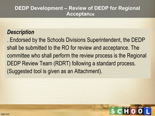 DEDP Development – Review of DEDP for Regional
                     Acceptance


Description
. Endorsed by the Schools Div...