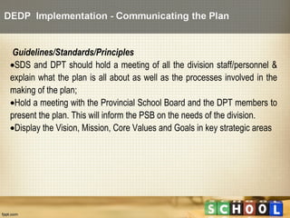 Guidelines/Standards/Principles
•SDS and DPT should hold a meeting of all the division staff/personnel &
explain what the ...