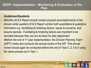 DEDP Implementation - Monitoring & Evaluation of the
                       Plan

Guidelines/Standards
•Monthly M & E Repo...