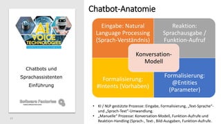 Chatbot-Anatomie
23
Chatbots und
Sprachassistenten
Einführung
Eingabe: Natural
Language Processing
(Sprach-Verständnis)
Reaktion:
Sprachausgabe /
Funktion-Aufruf
Formalisierung:
#Intents (Vorhaben)
Formalisierung:
@Entities
(Parameter)
Konversation-
Modell
• KI / NLP gestützte Prozesse: Eingabe, Formalisierung, „Text-Sprache“-
und „Sprach-Text“-Umwandlung.
• „Manuelle“ Prozesse: Konversation-Modell, Funktion-Aufrufe und
Reaktion-Handling (Sprach-, Text-, Bild-Ausgaben, Funktion-Aufrufe.
 