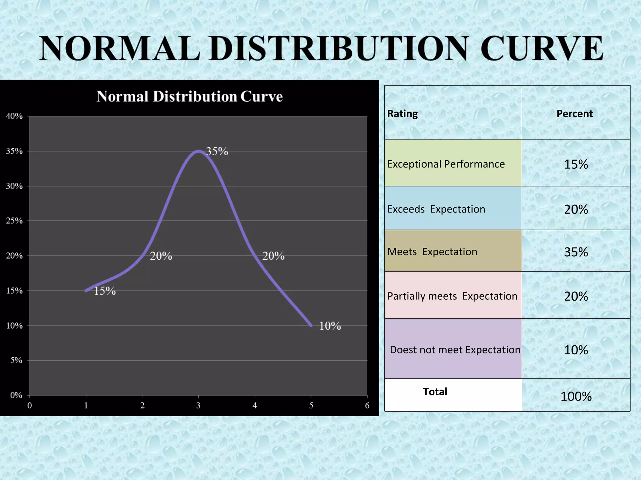 Rating  Percent  Exceptional Performance 15% Exceeds  Expectation 20% Meets  Expectation 35% Partially meets  Expectation  20% Doest not meet Expectation  10% Total 100% 