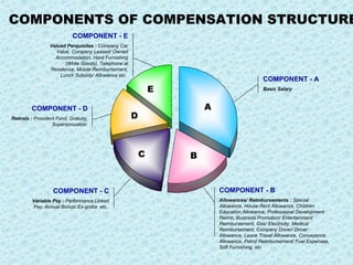 COMPONENT - B Allowances/ Reimbursements :  Special Allowance, House Rent Allowance, Children Education Allowance, Professional Development Reimb, Business Promotion/ Entertainment Reimbursement, Gas/ Electricity, Medical Reimbursement, Company Driver/ Driver Allowance, Leave Travel Allowance, Conveyance Allowance, Petrol Reimbursement/ Fuel Expenses, Soft Furnishing, etc   COMPONENT - A Basic Salary COMPONENT - C Variable Pay :  Performance Linked Pay, Annual Bonus/ Ex-gratia  etc.   COMPONENT - D Retirals :  Provident Fund, Gratuity, Superannuation   COMPONENT - E Valued Perquisites :  Company Car Value, Company Leased/ Owned Accommodation, Hard Furnishing (White Goods), Telephone at Residence, Mobile Reimbursement, Lunch Subsidy/ Allowance etc.  A B C D E COMPONENTS OF COMPENSATION STRUCTURE 