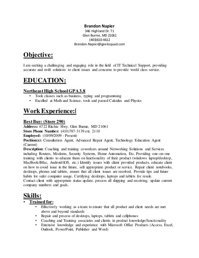 brandon napier resume geek squad resume