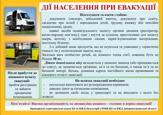 Пам’ятайте! Висока організованість та дисципліна кожного – головне в період евакуації!
Криворізькі територіальні курси ЦЗ та БЖД (Ікатегорії ) НМЦ ЦЗ та БЖД Дніпропетровської області
Після прибуття до
кінцевого пункту
евакуації:
пройти реєстрацію
та зайняти
призначене
помешкання.
Підготувати та взяти з собою:
- документи (паспорт, військовий квиток, документи про освіту,
свідоцтво про шлюб i народження дітей, трудову книжку або пенсійне
посвідчення), гроші;
- наявні засоби індивідуального захисту органів дихання (респіратор,
ватно-марлеву пов’язку), одяг i взуття за сезоном, пристосовані для захисту
шкіри, аптечку з необхідними ліками, перев’язувальними матеріалами,
постільну білизну;
- 3-х добовий запас продуктів, що не псуються та упаковані у герметичні
ємності чи у поліетиленові пакети, воду.
Загальна вага особистих речей, на кожного члена сім'ї, повинна бути не
більше 50 кг.
Дітям дошкільного віку вкладається у кишеню записка (або пришивається
до одягу), де зазначається прізвище, ім’я та по батькові, а також ім’я та по
батькові матері, батька, домашня адреса постійного місця проживання та
кінцевого пункту евакуації.
На шляхах евакуації необхідно:
- неухильно виконувати всі розпорядження керівників;
- швидко діяти за сигналами оповіщення;
- не залишати своїх місць у транспорті та не виходити з нього без
дозволу.
ДІЇ НАСЕЛЕННЯ ПРИ ЕВАКУАЦІЇ
 