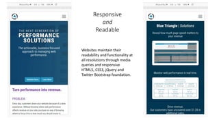 Responsive
and
Readable
Websites maintain their
readability and functionality at
all resolutions through media
queries and responsive
HTML5, CSS3, jQuery and
Twitter Bootstrap foundation.
 