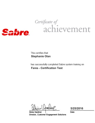 5/25/2016
Stephanie Olan
Fares - Certification Test
 