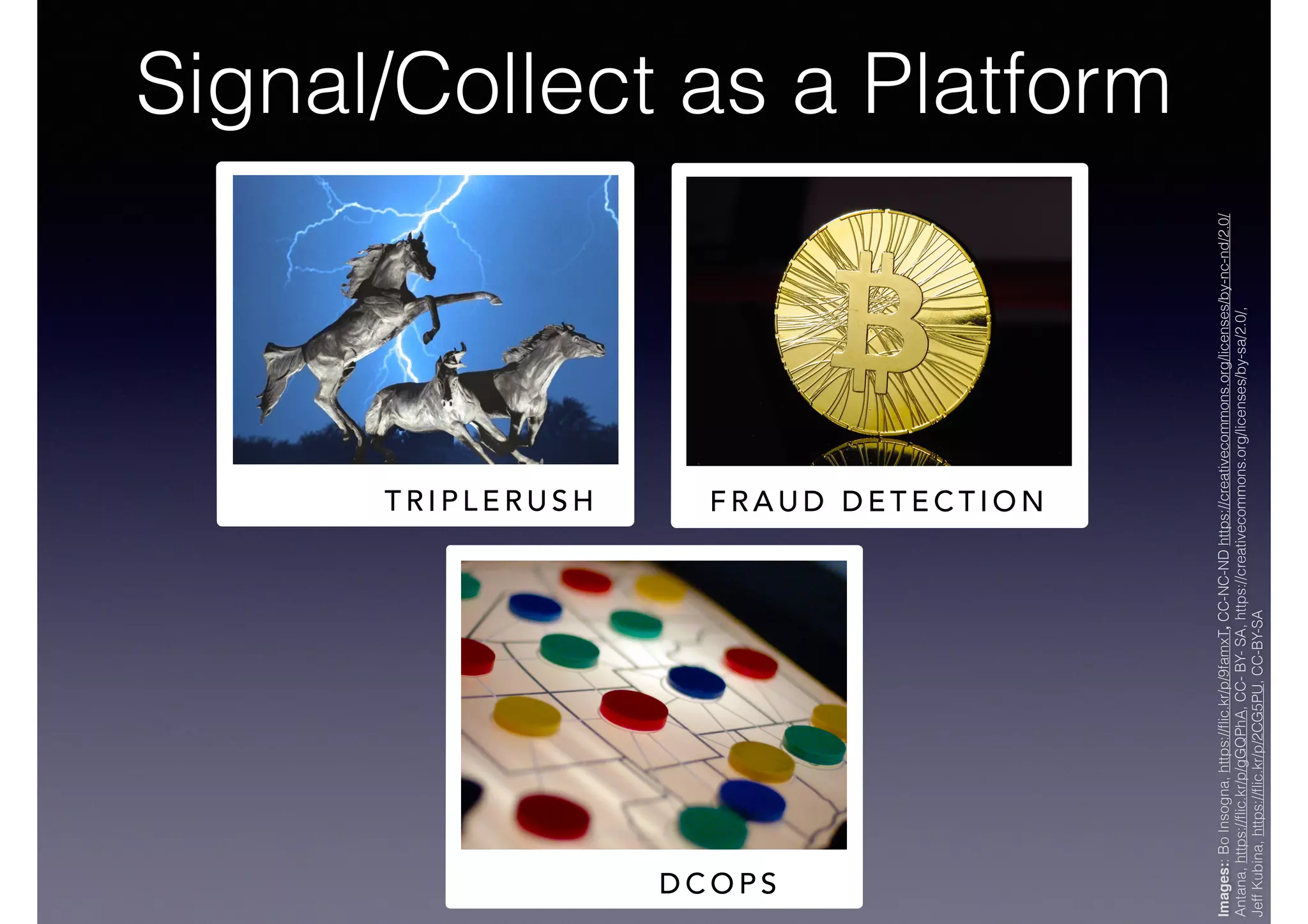 T R I P L E R U S H F R A U D D E T E C T I O N
D C O P S
Signal/Collect as a Platform
Images::BoInsogna,https://ﬂic.kr/p/9famxT,CC-NC-NDhttps://creativecommons.org/licenses/by-nc-nd/2.0/
Antana,https://ﬂic.kr/p/gGQPhA,CC-BY-SA,https://creativecommons.org/licenses/by-sa/2.0/,
JeffKubina,https://ﬂic.kr/p/2CG5PU,CC-BY-SA
 