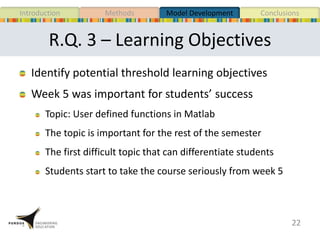 R.Q. 3 – Learning Objectives
Identify potential threshold learning objectives
Week 5 was important for students’ success
Topic: User defined functions in Matlab
The topic is important for the rest of the semester
The first difficult topic that can differentiate students
Students start to take the course seriously from week 5
22
MethodsIntroduction Model Development Conclusions
 