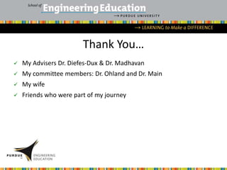 Thank You…
 My Advisers Dr. Diefes-Dux & Dr. Madhavan
 My committee members: Dr. Ohland and Dr. Main
 My wife
 Friends who were part of my journey
 