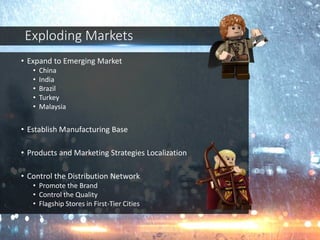 Exploding Markets
• Expand to Emerging Market
• China
• India
• Brazil
• Turkey
• Malaysia
• Establish Manufacturing Base
• Products and Marketing Strategies Localization
• Control the Distribution Network
• Promote the Brand
• Control the Quality
• Flagship Stores in First-Tier Cities
 