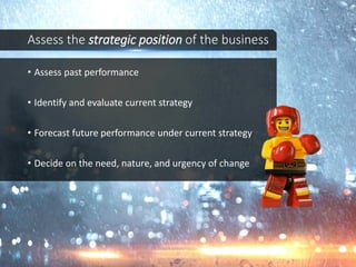 Assess the strategic position of the business
• Assess past performance
• Identify and evaluate current strategy
• Forecast future performance under current strategy
• Decide on the need, nature, and urgency of change
 