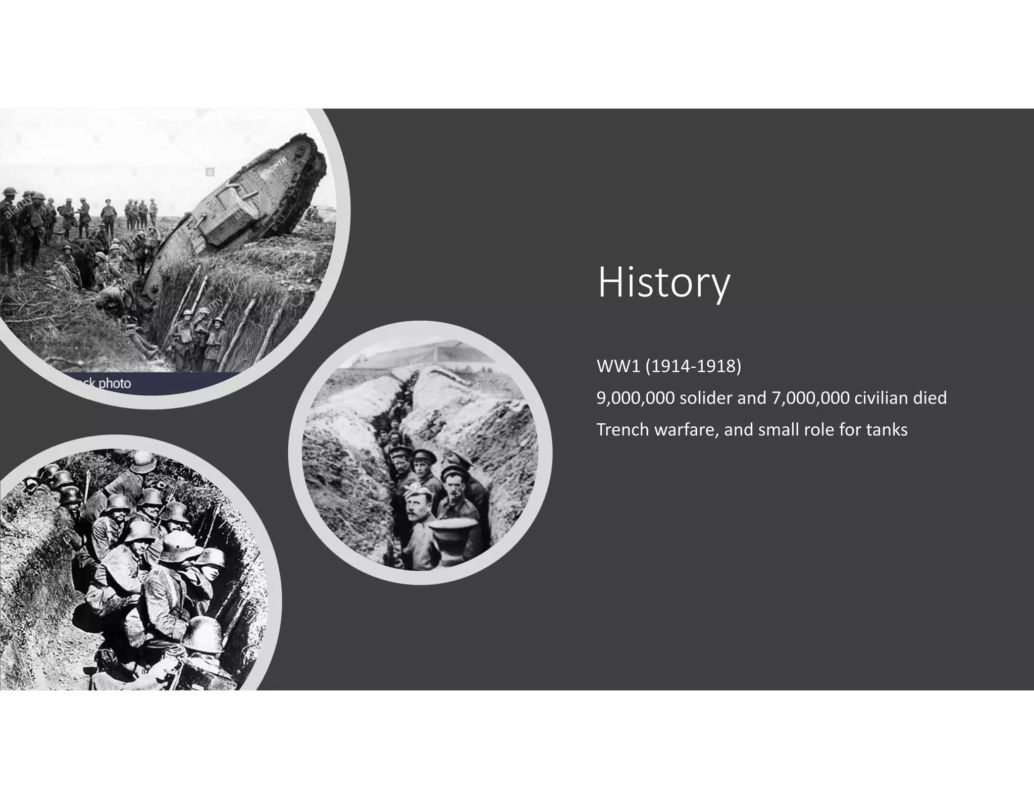 History
WW1 (1914‐1918)
9,000,000 solider and 7,000,000 civilian died
Trench warfare, and small role for tanks
 