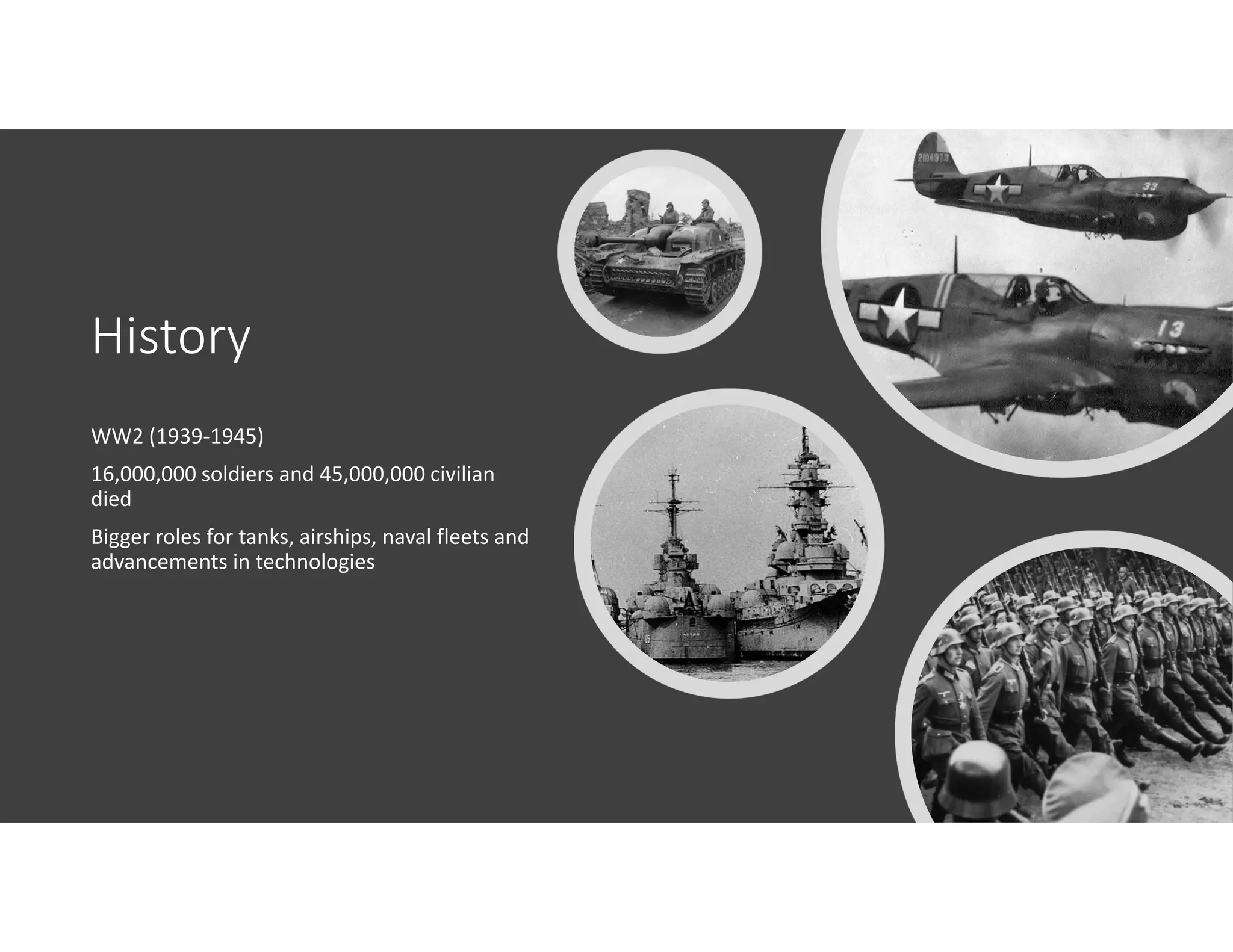 History
WW2 (1939‐1945)
16,000,000 soldiers and 45,000,000 civilian
died
Bigger roles for tanks, airships, naval fleets and
advancements in technologies
 