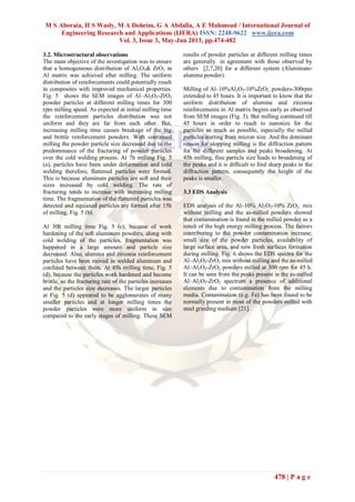 M S Aboraia, H S Wasly, M A Doheim, G A Abdalla, A E Mahmoud / International Journal of
Engineering Research and Applications (IJERA) ISSN: 2248-9622 www.ijera.com
Vol. 3, Issue 3, May-Jun 2013, pp.474-482
478 | P a g e
3.2. Microstructural observations
The main objective of the investigation was to ensure
that a homogeneous distribution of Al2O3& ZrO2 in
Al matrix was achieved after milling. The uniform
distribution of reinforcements could potentially result
in composites with improved mechanical properties.
Fig. 5 shows the SEM images of Al–Al2O3-ZrO2
powder particles at different milling times for 300
rpm milling speed. As expected at initial milling time
the reinforcement particles distribution was not
uniform and they are far from each other. But,
increasing milling time causes breakage of the big
and brittle reinforcement powders. With continued
milling the powder particle size decreased due to the
predominance of the fracturing of powder particles
over the cold welding process. At 7h milling Fig. 5
(a), particles have been under deformation and cold
welding therefore, flattened particles were formed.
This is because aluminum particles are soft and their
sizes increased by cold welding. The rate of
fracturing tends to increase with increasing milling
time. The fragmentation of the flattened particles was
detected and equiaxed particles are formed after 15h
of milling, Fig. 5 (b).
At 30h milling time Fig. 5 (c), because of work
hardening of the soft aluminum powders, along with
cold welding of the particles, fragmentation was
happened in a large amount and particle size
decreased. Also, alumina and zirconia reinforcement
particles have been moved in welded aluminum and
confined between them. At 45h milling time, Fig. 5
(d), because the particles work hardened and become
brittle, so the fracturing rate of the particles increases
and the particles size decreases. The larger particles
at Fig. 5 (d) appeared to be agglomerates of many
smaller particles and at longer milling times the
powder particles were more uniform in size
compared to the early stages of milling. These SEM
results of powder particles at different milling times
are generally in agreement with those observed by
others [2,7,20] for a different system (Aluminum-
alumina powder).
Milling of Al–10%Al2O3-10%ZrO2 powders-300rpm
extended to 45 hours. It is important to know that the
uniform distribution of alumina and zirconia
reinforcements in Al matrix begins early as observed
from SEM images (Fig. 5). But milling continued till
45 hours in order to reach to nanosize for the
particles as much as possible, especially the milled
particles starting from micron size. And the dominant
reason for stopping milling is the diffraction pattern
for the different samples and peaks broadening. At
45h milling, fine particle size leads to broadening of
the peaks and it is difficult to find sharp peaks in the
diffraction pattern, consequently the height of the
peaks is smaller.
3.3 EDS Analysis
EDS analysis of the Al–10% Al2O3-10% ZrO2 mix
without milling and the as-milled powders showed
that contamination is found in the milled powder as a
result of the high energy milling process. The factors
contributing to the powder contamination increase;
small size of the powder particles, availability of
large surface area, and new fresh surfaces formation
during milling. Fig. 6 shows the EDS spectra for the
Al–Al2O3-ZrO2 mix without milling and the as-milled
Al–Al2O3-ZrO2 powders milled at 300 rpm for 45 h.
It can be seen from the peaks present in the as-milled
Al–Al2O3-ZrO2 spectrum a presence of additional
elements due to contamination from the milling
media. Contamination (e.g. Fe) has been found to be
normally present in most of the powders milled with
steel grinding medium [21].
 