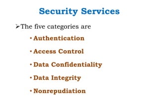 Security Services
ØThe five categories are
• Authentication
• Access Control
• Data Confidentiality
• Data Integrity
• Nonrepudiation
 
