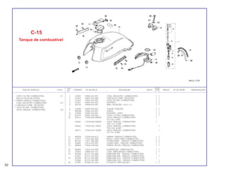 REF. QUANT.
ITEM DE SERVIÇO T.M.O. CODPRO Nº DA PEÇA DESCRIÇÃO NOTA CB450 ÍNDICE Nº DE SÉRIE OBSERVAÇÕES
Nº C E
1 U1807 16950-443-901 CONJ. REGISTRO, COMBUSTÍVEL 1 1
2 U1815 16951-443-902 CARCAÇA COMP., REGISTRO 1 1
3 U1823 16952-443-901 JOGO FILTRO, COMBUSTÍVEL 1 1
4 U1831 16954-443-901 SUPORTE 1 1
5 K9130 16958-443-901 ANEL VEDAÇÃO, 10.6 x 1.3 1 1
6 U1840 16959-443-901 COLAR, FIXAÇÃO 1 1
7 W0496 16963-443-901 JUNTA 1 1
8 U1858 16965-443-901 SUPORTE, COPO 1 1
9 K4473 16967-443-902 COPO, FILTRO COMBUSTÍVEL 1 1
10 X5612 17520-KK9-900ZA JOGO TANQUE, COMBUSTÍVEL 1
*R-114C-U-BR*
X5620 17520-KK9-900ZB JOGO TANQUE, COMBUSTÍVEL 1
*PB-117C-U-BR*
X5663 17520-443-740ZA JOGO TANQUE, COMBUSTÍVEL 1
*PB-120C-A-BR*
X5671 17520-443-740ZB JOGO TANQUE, COMBUSTÍVEL 1
*R-117C-A-BR*
11 N6928 17530-443-612 TAMPA, TANQUE COMBUSTÍVEL 1 1
12 U1971 17532-404-000 MOLA, CAPA TUBO COMBUSTÍVEL 1 1
13 B7235 17611-286-000 COXIM DIANT., TANQUE COMBUSTÍVEL 2 2
14 X5680 17613-443-901 COXIM TRAS., TANQUE COMBUSTÍVEL 1 1
15 N6944 17620-449-003 TAMPA, BOCAL TANQUE COMBUSTÍVEL 1 1
16 N6952 17632-433-000 GUARNIÇÃO, TAMPA BOCAL 1 1
17 X7054 37800-443-741 CONJ. MARCADOR COMBUSTÍVEL 1 1
18 M7384 87121-443-880 EMBLEMA DIR., TANQUE COMBUSTÍVEL 1
K1857 87121-443-900 EMBLEMA DIR., TANQUE COMBUSTÍVEL 1
19 M7392 87122-443-880 EMBLEMA ESQ., TANQUE COMBUSTÍVEL 1
K7866 87722-443-900 EMBLEMA ESQ., TANQUE COMBUSTÍVEL 1
20 X7093 87560-397-630 ETIQUETA, PRECAUÇÃO 1 1
C-15
Tanque de combustível
COPO, FILTRO COMBUSTÍVEL 0,1
(INCLUI PEÇA RELATIVA)
• TAMPA TANQUE COMBUSTÍVEL
CONJ. REGISTRO COMBUSTÍVEL 0,2
• CARCAÇA COMP., REGISTRO
• JOGO FILTRO, COMBUSTÍVEL
JOGO TANQUE, COMBUSTÍVEL 0,4
52
 
