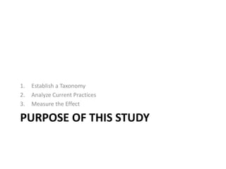 PURPOSE OF THIS STUDY
1. Establish a Taxonomy
2. Analyze Current Practices
3. Measure the Effect
 