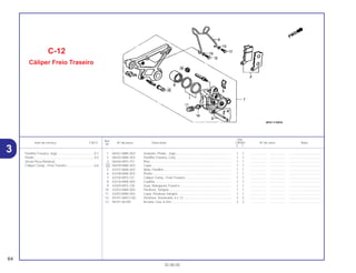 Ref.
Qtd.
Item de serviço T.M.O. Nº da peça Descrição CB500 Nº de série Nota
Nº
Y 1
1 06431-MAK-003 Vedador, Pistão , Jogo............................................................... 1 1 .................. .................. .....................................
2 06435-MAK-003 Pastilha Traseira, Conj. .............................................................. 1 1 .................. .................. .....................................
3 06436-MY5-731 Pino ............................................................................................ 1 1 .................. .................. .....................................
4 06439-MAK-003 Capa .......................................................................................... 1 1 .................. .................. .....................................
5 43107-MAK-003 Mola, Pastilha............................................................................. 1 1 .................. .................. .....................................
6 43108-MAK-003 Pistão ......................................................................................... 1 1 .................. .................. .....................................
7 43150-MY5-731 Cáliper Comp., Freio Traseiro.................................................... 1 1 .................. .................. .....................................
8 43216-MAK-003 Cupilha....................................................................................... 1 1 .................. .................. .....................................
9 43350-MY5-730 Guia, Mangueira Traseira .......................................................... 1 1 .................. .................. .....................................
10 43352-MAK-003 Parafuso, Sangria....................................................................... 1 1 .................. .................. .....................................
11 43353-MAK-003 Capa, Parafuso Sangria............................................................. 1 1 .................. .................. .....................................
12 92101-06012-0G Parafuso, Sextavado, 6 x 12 ...................................................... 2 2 .................. .................. .....................................
13 94101-06700 Arruela, Lisa, 6 mm .................................................................... 2 2 .................. .................. .....................................
C-12
Cáliper Freio Traseiro
64
30.08.00
Pastilha Traseira, Jogo ..........................................0,1
Pistão.....................................................................0,5
(Inclui Peça Relativa)
Cáliper Comp., Freio Traseiro ...............................0,6
3
 