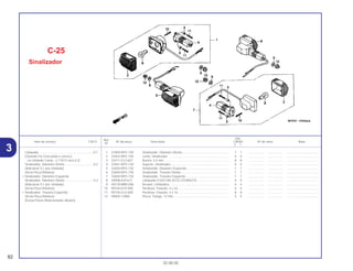Ref.
Qtd.
Item de serviço T.M.O. Nº da peça Descrição CB500 Nº de série Nota
Nº
Y 1
1 33400-MY5-730 Sinalizador, Dianteiro Direito...................................................... 1 1 .................. .................. .....................................
2 33402-MY5-730 Lente, Sinalizador ...................................................................... 4 4 .................. .................. .....................................
3 33411-GJ3-601 Bucha, 4,5 mm........................................................................... 8 8 .................. .................. .....................................
4 33441-MY5-730 Suporte, Sinalizador................................................................... 4 4 .................. .................. .....................................
5 33450-MY5-730 Sinalizador, Dianteiro Esquerdo ................................................ 1 1 .................. .................. .....................................
6 33600-MY5-730 Sinalizador, Traseiro Direito ....................................................... 1 1 .................. .................. .....................................
7 33650-MY5-730 Sinalizador, Traseiro Esquerdo.................................................. 1 1 .................. .................. .....................................
8 34908-634-611 Lâmpada (12V/21W) (ECE) (STANLEY)..................................... 4 4 .................. .................. .....................................
9 45518-MB0-006 Arruela, Limitadora..................................................................... 4 4 .................. .................. .....................................
10 90104-KY4-900 Parafuso, Fixação, 4 x 42........................................................... 4 4 .................. .................. .....................................
11 90156-GJ3-600 Parafuso, Fixação, 4 x 16........................................................... 8 8 .................. .................. .....................................
12 94050-12000 Porca, Flange, 12 mm................................................................ 4 4 .................. .................. .....................................
C-25
Sinalizador
82
30.08.00
Lâmpada ...............................................................0.1
(Quando For Executado o serviço
na Unidade Comp., o T.M.O será 0,2)
Sinalizador, Dianteiro Direito .................................0,2
(Adicionar 0,1 por Unidade)
(Inclui Peça Relativa)
• Sinalizador, Dianteiro Esquerdo
Sinalizador, Dianteiro Direito .................................0,3
(Adicionar 0,1 por Unidade)
(Inclui Peça Relativa)
• Sinalizador, Traseiro Esquerdo
(Inclui Peça Relativa)
(Exclui Peças Relacionadas Abaixo)
3
 