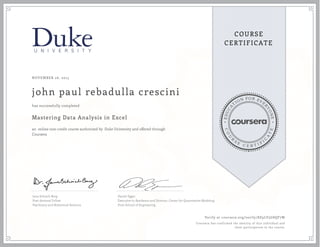 EDUCA
T
ION FOR EVE
R
YONE
CO
U
R
S
E
C E R T I F
I
C
A
TE
COURSE
CERTIFICATE
NOVEMBER 26, 2015
john paul rebadulla crescini
Mastering Data Analysis in Excel
an online non-credit course authorized by Duke University and offered through
Coursera
has successfully completed
Jana Schaich Borg
Post-doctoral Fellow
Psychiatry and Behavioral Sciences
Daniel Egger
Executive in Residence and Director, Center for Quantitative Modeling
Pratt School of Engineering
Verify at coursera.org/verify/8Z9LV3G8QF7W
Coursera has confirmed the identity of this individual and
their participation in the course.
 