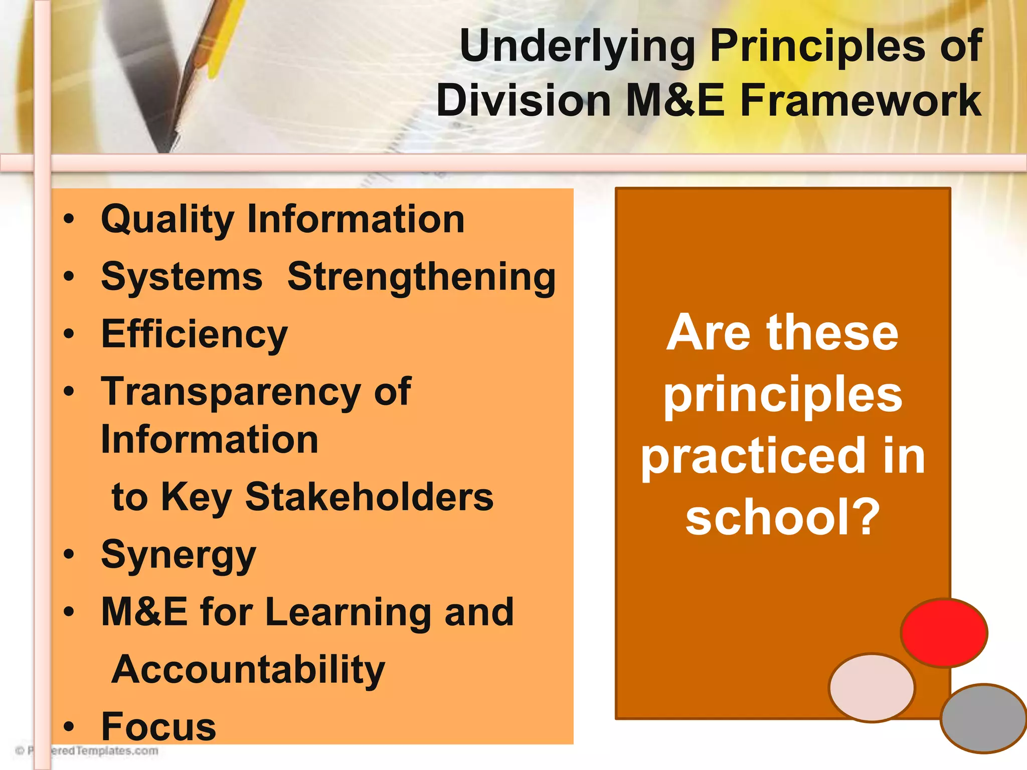 Underlying Principles of
Division M&E Framework
• Quality Information
• Systems Strengthening
• Efficiency
• Transparency of
Information
to Key Stakeholders
• Synergy
• M&E for Learning and
Accountability
• Focus
Are these
principles
practiced in
school?
 