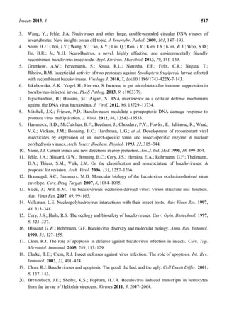 Insects 2013, 4 517
3. Wang, Y.; Jehle, J.A. Nudiviruses and other large, double-stranded circular DNA viruses of
invertebrates: New insights on an old topic. J. Invertebr. Pathol. 2009, 101, 187 193.
4. Shim, H.J.; Choi, J.Y.; Wang, Y.; Tao, X.Y.; Liu, Q.; Roh, J.Y.; Kim, J.S.; Kim, W.J.; Woo, S.D.;
Jin, B.R.; Je, Y.H. NeuroBactrus, a novel, highly effective, and environmentally friendly
recombinant baculovirus insecticide. Appl. Environ. Microbiol. 2013, 79, 141 149.
5. Gramkow, A.W.; Perecmanis, S.; Sousa, R.L.; Noronha, E.F.; Felix, C.R.; Nagata, T.;
Ribeiro, B.M. Insecticidal activity of two proteases against Spodoptera frugiperda larvae infected
with recombinant baculoviruses. Virology J. 2010, 7, doi:10.1186/1743-422X-7-143.
6. Jakubowska, A.K.; Vogel, H.; Herrero, S. Increase in gut microbiota after immune suppression in
baculovirus-infected larvae. PLoS Pathog. 2013, 9, e1003379.
7. Jayachandran, B.; Hussain, M.; Asgari, S. RNA interference as a cellular defense mechanism
against the DNA virus baculovirus. J. Virol. 2012, 86, 13729 13734.
8. Mitchell, J.K.; Friesen, P.D. Baculoviruses modulate a proapoptotic DNA damage response to
promote virus multiplication. J. Virol. 2012, 86, 13542 13553.
9. Hammock, B.D.; McCutchen, B.F.; Beetham, J.; Choudary, P.V.; Fowler, E.; Ichinose, R.; Ward,
V.K.; Vickers, J.M.; Bonning, B.C.; Harshman, L.G.; et al. Development of recombinant viral
insecticides by expression of an insect-specific toxin and insect-specific enzyme in nuclear
polyhedrosis viruses. Arch. Insect Biochem. Physiol. 1993, 22, 315 344.
10. Menn, J.J. Current trends and new directions in crop protection. Am. J. Ind. Med. 1990, 18, 499 504.
11. Jehle, J.A.; Blissard, G.W.; Bonning, B.C.; Cory, J.S.; Herniou, E.A.; Rohrmann, G.F.; Theilmann,
D.A.; Thiem, S.M.; Vlak, J.M. On the classification and nomenclature of baculoviruses: A
proposal for revision. Arch. Virol. 2006, 151, 1257 1266.
12. Braunagel, S.C.; Summers, M.D. Molecular biology of the baculovirus occlusion-derived virus
envelope. Curr. Drug Targets 2007, 8, 1084 1095.
13. Slack, J.; Arif, B.M. The baculoviruses occlusion-derived virus: Virion structure and function.
Adv. Virus Res. 2007, 69, 99 165.
14. Volkman, L.E. Nucleopolyhedrovirus interactions with their insect hosts. Adv. Virus Res. 1997,
48, 313 348.
15. Cory, J.S.; Hails, R.S. The ecology and biosafety of baculoviruses. Curr. Opin. Biotechnol. 1997,
8, 323 327.
16. Blissard, G.W.; Rohrmann, G.F. Baculovirus diversity and molecular biology. Annu. Rev. Entomol.
1990, 35, 127 155.
17. Clem, R.J. The role of apoptosis in defense against baculovirus infection in insects. Curr. Top.
Microbiol. Immunol. 2005, 289, 113 129.
18. Clarke, T.E.; Clem, R.J. Insect defenses against virus infection: The role of apoptosis. Int. Rev.
Immunol. 2003, 22, 401 424.
19. Clem, R.J. Baculoviruses and apoptosis: The good, the bad, and the ugly. Cell Death Differ. 2001,
8, 137 143.
20. Breitenbach, J.E.; Shelby, K.S.; Popham, H.J.R. Baculovirus induced transcripts in hemocytes
from the larvae of Heliothis virescens. Viruses 2011, 3, 2047 2064.
 