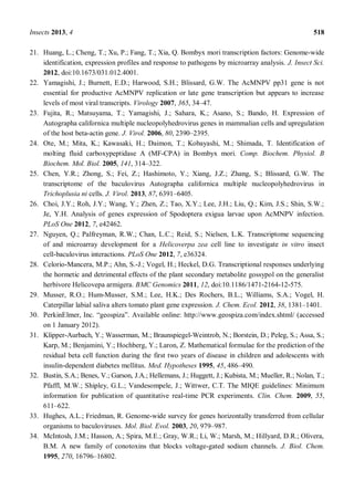 Insects 2013, 4 518
21. Huang, L.; Cheng, T.; Xu, P.; Fang, T.; Xia, Q. Bombyx mori transcription factors: Genome-wide
identification, expression profiles and response to pathogens by microarray analysis. J. Insect Sci.
2012, doi:10.1673/031.012.4001.
22. Yamagishi, J.; Burnett, E.D.; Harwood, S.H.; Blissard, G.W. The AcMNPV pp31 gene is not
essential for productive AcMNPV replication or late gene transcription but appears to increase
levels of most viral transcripts. Virology 2007, 365, 34 47.
23. Fujita, R.; Matsuyama, T.; Yamagishi, J.; Sahara, K.; Asano, S.; Bando, H. Expression of
Autographa californica multiple nucleopolyhedrovirus genes in mammalian cells and upregulation
of the host beta-actin gene. J. Virol. 2006, 80, 2390 2395.
24. Ote, M.; Mita, K.; Kawasaki, H.; Daimon, T.; Kobayashi, M.; Shimada, T. Identification of
molting fluid carboxypeptidase A (MF-CPA) in Bombyx mori. Comp. Biochem. Physiol. B
Biochem. Mol. Biol. 2005, 141, 314 322.
25. Chen, Y.R.; Zhong, S.; Fei, Z.; Hashimoto, Y.; Xiang, J.Z.; Zhang, S.; Blissard, G.W. The
transcriptome of the baculovirus Autographa californica multiple nucleopolyhedrovirus in
Trichoplusia ni cells. J. Virol. 2013, 87, 6391 6405.
26. Choi, J.Y.; Roh, J.Y.; Wang, Y.; Zhen, Z.; Tao, X.Y.; Lee, J.H.; Liu, Q.; Kim, J.S.; Shin, S.W.;
Je, Y.H. Analysis of genes expression of Spodoptera exigua larvae upon AcMNPV infection.
PLoS One 2012, 7, e42462.
27. Nguyen, Q.; Palfreyman, R.W.; Chan, L.C.; Reid, S.; Nielsen, L.K. Transcriptome sequencing
of and microarray development for a Helicoverpa zea cell line to investigate in vitro insect
cell-baculovirus interactions. PLoS One 2012, 7, e36324.
28. Celorio-Mancera, M.P.; Ahn, S.-J.; Vogel, H.; Heckel, D.G. Transcriptional responses underlying
the hormetic and detrimental effects of the plant secondary metabolite gossypol on the generalist
herbivore Helicovepa armigera. BMC Genomics 2011, 12, doi:10.1186/1471-2164-12-575.
29. Musser, R.O.; Hum-Musser, S.M.; Lee, H.K.; Des Rochers, B.L.; Williams, S.A.; Vogel, H.
Caterpillar labial saliva alters tomato plant gene expression. J. Chem. Ecol. 2012, 38, 1381 1401.
30. PerkinElmer, Inc. . Available online: http://www.geospiza.com/index.shtml/ (accessed
on 1 January 2012).
31. Klipper-Aurbach, Y.; Wasserman, M.; Braunspiegel-Weintrob, N.; Borstein, D.; Peleg, S.; Assa, S.;
Karp, M.; Benjamini, Y.; Hochberg, Y.; Laron, Z. Mathematical formulae for the prediction of the
residual beta cell function during the first two years of disease in children and adolescents with
insulin-dependent diabetes mellitus. Med. Hypotheses 1995, 45, 486 490.
32. Bustin, S.A.; Benes, V.; Garson, J.A.; Hellemans, J.; Huggett, J.; Kubista, M.; Mueller, R.; Nolan, T.;
Pfaffl, M.W.; Shipley, G.L.; Vandesompele, J.; Wittwer, C.T. The MIQE guidelines: Minimum
information for publication of quantitative real-time PCR experiments. Clin. Chem. 2009, 55,
611 622.
33. Hughes, A.L.; Friedman, R. Genome-wide survey for genes horizontally transferred from cellular
organisms to baculoviruses. Mol. Biol. Evol. 2003, 20, 979 987.
34. McIntosh, J.M.; Hasson, A.; Spira, M.E.; Gray, W.R.; Li, W.; Marsh, M.; Hillyard, D.R.; Olivera,
B.M. A new family of conotoxins that blocks voltage-gated sodium channels. J. Biol. Chem.
1995, 270, 16796 16802.
 