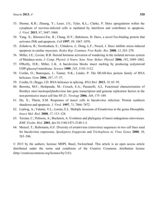 Insects 2013, 4 520
53. Dionne, K.R.; Zhuang, Y.; Leser, J.S.; Tyler, K.L.; Clarke, P. Daxx upregulation within the
cytoplasm of reovirus-infected cells is mediated by interferon and contributes to apoptosis.
J. Virol. 2013, 87, 3447 3460.
54. Yang, X.; Khosravi-Far, R.; Chang, H.Y.; Baltimore, D. Daxx, a novel Fas-binding protein that
activates JNK and apoptosis. Cell 1997, 89, 1067 1076.
55. Zobalova, R.; Swettenham, E.; Chladova, J.; Dong, L.F.; Neuzil, J. Daxx inhibits stress-induced
apoptosis in cardiac myocytes. Redox Rep. Commun. Free Radic. Res. 2008, 13, 263 270.
56. Miller, J.E.; Levine, R.B. Steroid hormone activation of wandering in the isolated nervous system
of Manduca sexta. J. Comp. Physiol. A Neuro. Sens. Neur. Behav. Physiol. 2006, 192, 1049 1062.
57. O'Reilly, D.R.; Miller, L.K. A baculovirus blocks insect molting by producing ecdysteroid
UDP-glucosyl transferase. Science 1989, 245, 1110 1112.
58. Cordin, O.; Banroques, J.; Tanner, N.K.; Linder, P. The DEAD-box protein family of RNA
helicases. Gene 2006, 367, 17 37.
59. Cordin, O.; Beggs, J.D. RNA helicases in splicing. RNA Biol. 2013, 10, 83 95.
60. Berretta, M.F.; Deshpande, M.; Crouch, E.A.; Passarelli, A.L. Functional characterization of
Bombyx mori nucleopolyhedrovirus late gene transcription and genome replication factors in the
non-permissive insect cell line SF-21. Virology 2006, 348, 175 189.
61. Du, X.; Thiem, S.M. Responses of insect cells to baculovirus infection: Protein synthesis
shutdown and apoptosis. J. Virol. 1997, 71, 7866 7872.
62. Ludwig, A.; Valente, V.L.; Loreto, E.L. Multiple invasions of Errantivirus in the genus Drosophila.
Insect Mol. Biol. 2008, 17, 113 124.
63. Terzian, C.; Pelisson, A.; Bucheton, A. Evolution and phylogeny of insect endogenous retroviruses.
BMC Evolut. Biol. 2001, doi:10.1186/1471-2148-1-3.
64. Menzel, T.; Rohrmann, G.F. Diversity of errantivirus (retrovirus) sequences in two cell lines used
for baculovirus expression, Spodoptera frugiperda and Trichoplusia ni. Virus Genes 2008, 36,
583 586.
© 2013 by the authors; licensee MDPI, Basel, Switzerland. This article is an open access article
distributed under the terms and conditions of the Creative Commons Attribution license
(http://creativecommons.org/licenses/by/3.0/).
 