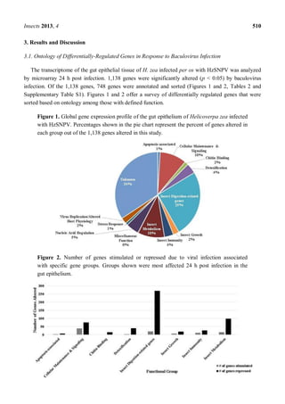 Insects 2013, 4 510
3. Results and Discussion
3.1. Ontology of Differentially-Regulated Genes in Response to Baculovirus Infection
The transcriptome of the gut epithelial tissue of H. zea infected per os with HzSNPV was analyzed
by microarray 24 h post infection. 1,138 genes were significantly altered (p < 0.05) by baculovirus
infection. Of the 1,138 genes, 748 genes were annotated and sorted (Figures 1 and 2, Tables 2 and
Supplementary Table S1). Figures 1 and 2 offer a survey of differentially regulated genes that were
sorted based on ontology among those with defined function.
Figure 1. Global gene expression profile of the gut epithelium of Helicoverpa zea infected
with HzSNPV. Percentages shown in the pie chart represent the percent of genes altered in
each group out of the 1,138 genes altered in this study.
Figure 2. Number of genes stimulated or repressed due to viral infection associated
with specific gene groups. Groups shown were most affected 24 h post infection in the
gut epithelium.
 