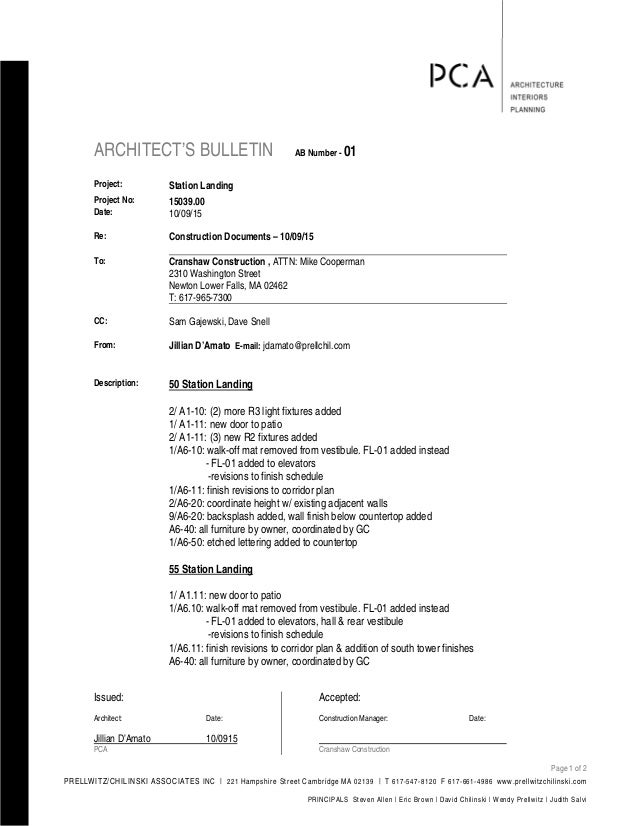 PCA Architect's Bulletin 01 Transmittal dated 100915