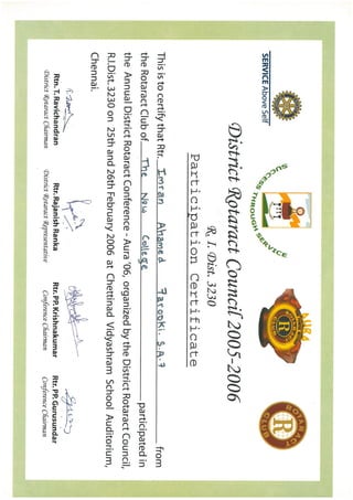 Imran SAF - The New College (PV50269) District Rotaract Council Certificate Mar-05 to Mar-08