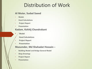 Distribution of Work
Al Mutar, Sudad Saeed
• Model,
• Hand Calculations
• Project Report
• Presentation
Kadam, Kshitij Chandrakant
• Model
• Hand Calculations
• Project Report
• Presentation
Mazumder, Md Shahadat Hossain –
• Building Model and Bridge General Model
• Shop Drawings
• Project Report
• Presentation
 