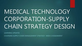 MEDICAL TECHNOLOGY
CORPORATION-SUPPLY
CHAIN STRATEGY DESIGN
LEARNING UPDATES
COURSERA SUPPLY CHAIN MANAGEMENT STRATEGY- WEEK 6 ASSIGNMENT
 