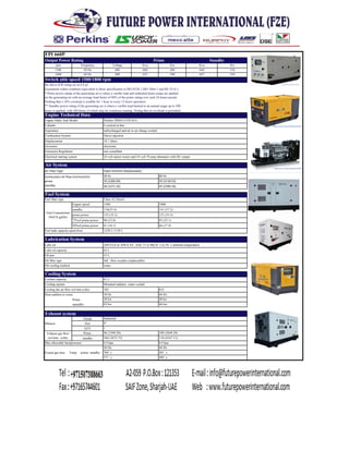 FPI 660P
Frequency Voltage Kva Kw Kva Kw
50 Hz 400 600 480 660 528
60 Hz 480 625 500 687 550
the above KW rating are at 0.8 pf
Guarantied within condition equivalent to those specification in ISO 8528-1,ISO 3046-1 and BS 5514-1.
* Prime power rating of the generating set is where a varible load and unlimited hours usage are applied
on the generating set with an average load factor of 80% of the prime rating over each 24 hours period.
Nothing that a 10% overload is availble for 1 hour in every 12 hours operation
** Standby power rating of the generating set is where a varible load limited to an annual usage up to 500
hours is applied, with 300 hours of which may be continous running. Noting that no overload is permitted
Engine speed
standby
prime power
75%of prime power
50%of prime power
Cooling fan air flow m3/min (cfm)
Prime
satandby
Girade
Size
QTY
Prime
standby
Fuel Consumrtion
l/hr(US gal/hr)
rpm
1500
1800
6.9 kpa
non compllant
24 volt starter motor and 24 volt 70 amp altarnator with DC output
Engine Make And Model
Cylinder
Aspiration
Combustion System
Displacement
Governor
Air System
Combustion Air flow Cm/min(cfm)
prime
standby
Paper Element (Replaceable)
60 Hz
481 `c
489 `c
50 Hz
34 (1200.69)
36 (1271.32)
60 Hz
43 (1518.53)
45 (1589.16)
Air Filter Type
Fuel tank capacity:open/close
Fuel filter type
Fuel System
1250 L/1150 L
Output Power Rating Prime Standby
Switch able speed 1500/1800 rpm
Engine Technical Data
Emissions Regulation
Electrical starting system
Perkins 2806A-E18TAG1
6 vertical in line
turbocharged and air to air charge cooled
Direct injection
18.1 litters
electronic
Class A2 Diesel
1500
134(35.4)
123 (32.5)
90 (23.8)
61 (16.1)
1800
141 (37.2)
127 (33.5)
95 (25.1)
66 (17.4)
Lubrication System
API-CG4 or APEA ES , SAE 15 w-40(10 `c to 50 `c ambient temperatureLube oil
Lube oil capacity
Oil pan
Oil filter type
Oil cooling method
62 L
53 L
full -flow ecoplus (replaceable)
water
Cooling System
702
50 Hz
38 kw
Mounted radiator, water cooled
852
60 Hz
40 kw
44 kw
Coolant capacity
Cooling saytem
61 L
42 kw
Heat radition to room
Silencer
Exhaust gas flow
m3/min (cfm)
Max allowable backpressure
Exaust gas max Temp prime, standby
Exhaust system
Industrial
8"
1
96 (3390.20)
104 (3672.72)
6.9 kpa
50 Hz
568 `c
571 `c
109 (3849.29)
118 (4167.13)
 