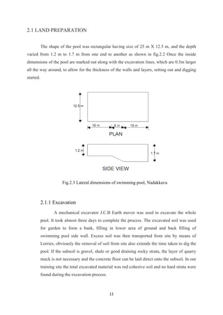 11
2.1 LAND PREPARATION
The shape of the pool was rectangular having size of 25 m X 12.5 m, and the depth
varied from 1.2 m to 1.7 m from one end to another as shown in fig.2.2 Once the inside
dimensions of the pool are marked out along with the excavation lines, which are 0.5m larger
all the way around, to allow for the thickness of the walls and layers, setting out and digging
started.
Fig.2.3 Lateral dimensions of swimming pool, Nadakkavu
2.1.1 Excavation
A mechanical excavator J.C.B Earth mover was used to excavate the whole
pool. It took almost three days to complete the process. The excavated soil was used
for garden to form a bank, filling in lower area of ground and back filling of
swimming pool side wall. Excess soil was then transported from site by means of
Lorries; obviously the removal of soil from site also extends the time taken to dig the
pool. If the subsoil is gravel, shale or good draining rocky strata, the layer of quarry
muck is not necessary and the concrete floor can be laid direct onto the subsoil. In our
training site the total excavated material was red cohesive soil and no hard strata were
found during the excavation process.
 