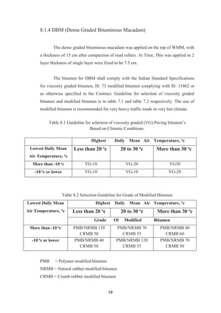 58
8.1.4 DBM (Dense Graded Bituminous Macadam)
The dense graded bituminous macadam was applied on the top of WMM, with
a thickness of 15 cm after compaction of road rollers. At Tirur, This was applied in 2
layer thickness of single layer were fixed to be 7.5 cm.
The bitumen for DBM shall comply with the Indian Standard Specifications
for viscosity graded bitumen, IS: 73 modified bitumen complying with IS: 15462 or
as otherwise specified in the Contract. Guideline for selection of viscosity graded
bitumen and modified bitumen is in table 7.1 and table 7.2 respectively. The use of
modified bitumen is recommended for very heavy traffic roads in very hot climate.
Table 8.1 Guideline for selection of viscosity graded (VG) Paving bitumen’s
Based on Climatic Conditions.
Highest Daily Mean Air Temperature, oc
Lowest Daily Mean
Air Temperature, oc
Less than 20 o
c 20 to 30 o
c More than 30 o
c
More than -10 oc VG-10 VG-20 VG30
-10 oc or lower VG-10 VG-10 VG-20
Table 8.2 Selection Guideline for Grade of Modified Bitumen
Lowest Daily Mean Highest Daily Mean Air Temperature, oc
Air Temperature, oc Less than 20 o
c 20 to 30 o
c More than 30 o
c
Grade Of Modified Bitumen
More than -10 oc PMB/NRMB 120
CRMB 50
PMB/NRMB 70
CRMB 55
PMB/NRMB 40
CRMB 60
-10 oc or lower PMB/NRMB 40
CRMB 50
PMB/NRMB 120
CRMB 55
PMB/NRMB 70
CRMB 50
PMB = Polymer modified bitumen
NRMB = Natural rubber modified bitumen
CRMB = Crumb rubber modified bitumen
 
