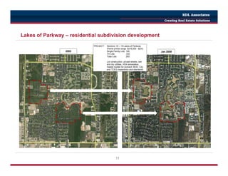 11
Lakes of Parkway – residential subdivision development
Jan 20082002
PROJECT: Sections 15 – 19 Lakes of Parkway
(Home prices range: $375,000 - $2m)
Single Family Lots 190
TH Lots 103
Total Lots 293
Lot construction, private streets, wet
and dry utilities, HOA annexation,
master builder lot contract, MUD, City
and TCEQ inspections and standards.
RDL Associates
Creating Real Estate Solutions
 