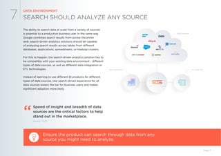 SEARCH SHOULD ANALYZE ANY SOURCE
DATA ENVIRONMENT
7
Ensure the product can search through data from any
source you might need to analyze.
Source: TDWI
Page 17
Speed of insight and breadth of data
sources are the critical factors to help
stand out in the marketplace.“
The ability to search data at scale from a variety of sources
is essential to a productive business user. In the same way
Google combines search results from across the entire
web, search-driven analytics solutions should be capable
of analyzing search results across tables from different
databases, applications, spreadsheets, or Hadoop clusters.
For this to happen, the search-driven analytics solution has to
be compatible with your existing data environment - different
types of data sources, as well as different data integration or
ETL technologies.
Instead of learning to use different BI products for different
types of data sources, one search-driven experience for all
data sources lowers the bar for business users and makes
significant adoption more likely.
 