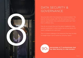 %
8
Securing data within the enterprise is a solved problem. The
best BI vendors already offer that. But packing all of those
security requirements into a sophisticated search bar? Now
that’s a different story.
How do you ensure that even the search suggestions obey
security restrictions? In other words, how do you secure the
search intelligence at a user level?
This is a unique challenge in the enterprise that even the likes
of Google haven’t had to tackle for consumer search.
percentage of IT professionals that
say data security is a top concern.
DATA SECURITY &
GOVERNANCE
Page 18
90%
 