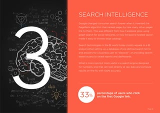 Google changed consumer search forever when it invented the
PageRank algorithm that ranked pages by how many other pages
link to them. This was different from how Facebook grew using
graph search for social networks, or how Amazon’s faceted search
made it easy to browse large catalogs.
Search technologies in the BI world today mostly equate to a BI
analyst either setting up a database of pre-defined search terms
and answers for a business user to “discover”, or providing search-
based access to saved reports and dashboards.
What is more rare but more useful is a search engine designed
for numbers, one that can look directly at raw data and compute
results on-the-fly with 100% accuracy.
percentage of users who click
on the first Google link.
SEARCH INTELLIGENCE
Page 8
33%
3
 