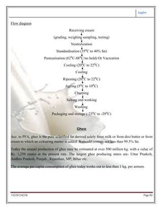 Aggies
11DTECHO18 Page 42
Flow diagram
Receiving cream
(grading, weighing sampling, testing)
Neutralization
Standardisation (35⁰C to 40% fat)
Pasteurisation (82⁰C-88⁰C/no hold) Or Vacreation
Cooling (20⁰C to 22⁰C)
Cooling
Ripening (20⁰C to 22⁰C)
Ageing (5⁰C to 10⁰C)
Churning
Salting and working
Washing
Packaging and storage (-23⁰C to -29⁰C)
Ghee
Acc. to PFA, ghee is the pure sclarified fat derived solely from milk or from desi butter or from
cream to which no colouring matter is added. It should contain not less than 99.5% fat.
Today the anuual production of ghee may be estimated at over 500 million kg. with a value of
Rs. 1,250 crores at the present rate. The largest ghee producing states are- Uttar Pradesh,
Andhra Pradesh, Punjab , Rajasthan, MP, Bihar etc.
The average per capita consumption of ghee today works out to less than 1 kg. per annum.
 