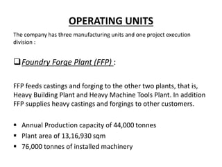 OPERATING UNITS
The company has three manufacturing units and one project execution
division :
Foundry Forge Plant (FFP) :
FFP feeds castings and forging to the other two plants, that is,
Heavy Building Plant and Heavy Machine Tools Plant. In addition
FFP supplies heavy castings and forgings to other customers.
 Annual Production capacity of 44,000 tonnes
 Plant area of 13,16,930 sqm
 76,000 tonnes of installed machinery
 