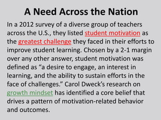 A Need Across the Nation
In a 2012 survey of a diverse group of teachers
across the U.S., they listed student motivation as
the greatest challenge they faced in their efforts to
improve student learning. Chosen by a 2-1 margin
over any other answer, student motivation was
defined as “a desire to engage, an interest in
learning, and the ability to sustain efforts in the
face of challenges.” Carol Dweck’s research on
growth mindset has identified a core belief that
drives a pattern of motivation-related behavior
and outcomes.
 