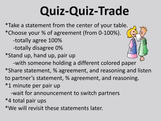 Quiz-Quiz-Trade
*Take a statement from the center of your table.
*Choose your % of agreement (from 0-100%).
-totally agree 100%
-totally disagree 0%
*Stand up, hand up, pair up
-with someone holding a different colored paper
*Share statement, % agreement, and reasoning and listen
to partner’s statement, % agreement, and reasoning.
*1 minute per pair up
-wait for announcement to switch partners
*4 total pair ups
*We will revisit these statements later.
 