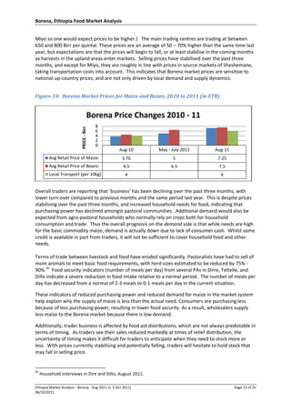 Borena, Ethiopia Food Market Analysis
Ethiopia Market Analysis - Borena - Aug 2011 (v. 5 Oct 2011) Page 13 of 25
06/10/2011
Miyo so one would expect prices to be higher.) The main trading centres are trading at between
650 and 800 Birr per quintal. These prices are an average of 50 – 70% higher than the same time last
year, but expectations are that the prices will begin to fall, or at least stabilise in the coming months
as harvests in the upland areas enter markets. Selling prices have stabilised over the past three
months, and except for Miyo, they are roughly in line with prices in source markets of Sheshemane,
taking transportation costs into account. This indicates that Borena market prices are sensitive to
national up-country prices, and are not only driven by local demand and supply dynamics.
Figure 10: Borena Market Prices for Maize and Beans, 2010 to 2011 (in ETB)
Overall traders are reporting that ‘business’ has been declining over the past three months, with
lower turn-over compared to previous months and the same period last year. This is despite prices
stabilising over the past three months, and increased household needs for food, indicating that
purchasing power has declined amongst pastoral communities. Additional demand would also be
expected from agro-pastoral households who normally rely on crops both for household
consumption and trade. Thus the overall prognosis on the demand side is that while needs are high
for the basic commodity maize, demand is actually down due to lack of consumer cash. Whilst some
credit is available in part from traders, it will not be sufficient to cover household food and other
needs.
Terms of trade between livestock and food have eroded significantly. Pastoralists have had to sell of
more animals to meet basic food requirements, with herd sizes estimated to be reduced by 75% -
90%.26
Food security indicators (number of meals per day) from several PAs in Dirre, Teltelle, and
Dillo indicate a severe reduction in food intake relative to a normal period. The number of meals per
day has decreased from a normal of 2-3 meals to 0-1 meals per day in the current situation.
These indicators of reduced purchasing power and reduced demand for maize in the market system
help explain why the supply of maize is less than the actual need. Consumers are purchasing less
because of less purchasing power, resulting in lower food security. As a result, wholesalers supply
less maize to the Borena market because there is low demand.
Additionally, trader business is affected by food aid distributions, which are not always predictable in
terms of timing. As traders see their sales reduced markedly at times of relief distribution, the
uncertainty of timing makes it difficult for traders to anticipate when they need to stock more or
less. With prices currently stabilising and potentially falling, traders will hesitate to hold stock that
may fall in selling price.
26
Household interviews in Dire and Dillo, August 2011.
Aug-10 May - July 2011 Aug-11
Avg Retail Price of Maize: 3.76 5 7.25
Avg Retail Price of Beans: 4.5 6.5 7.5
Local Transport (per 10kg) 4 6
0
2
4
6
8
PRICE-Birr
Borena Price Changes 2010 - 11
 